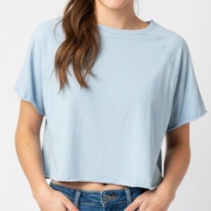 Forever 21 Light Baby Blue Raw Edge Cropped T-Shirt Boxy Wide Sleeve size Small‎